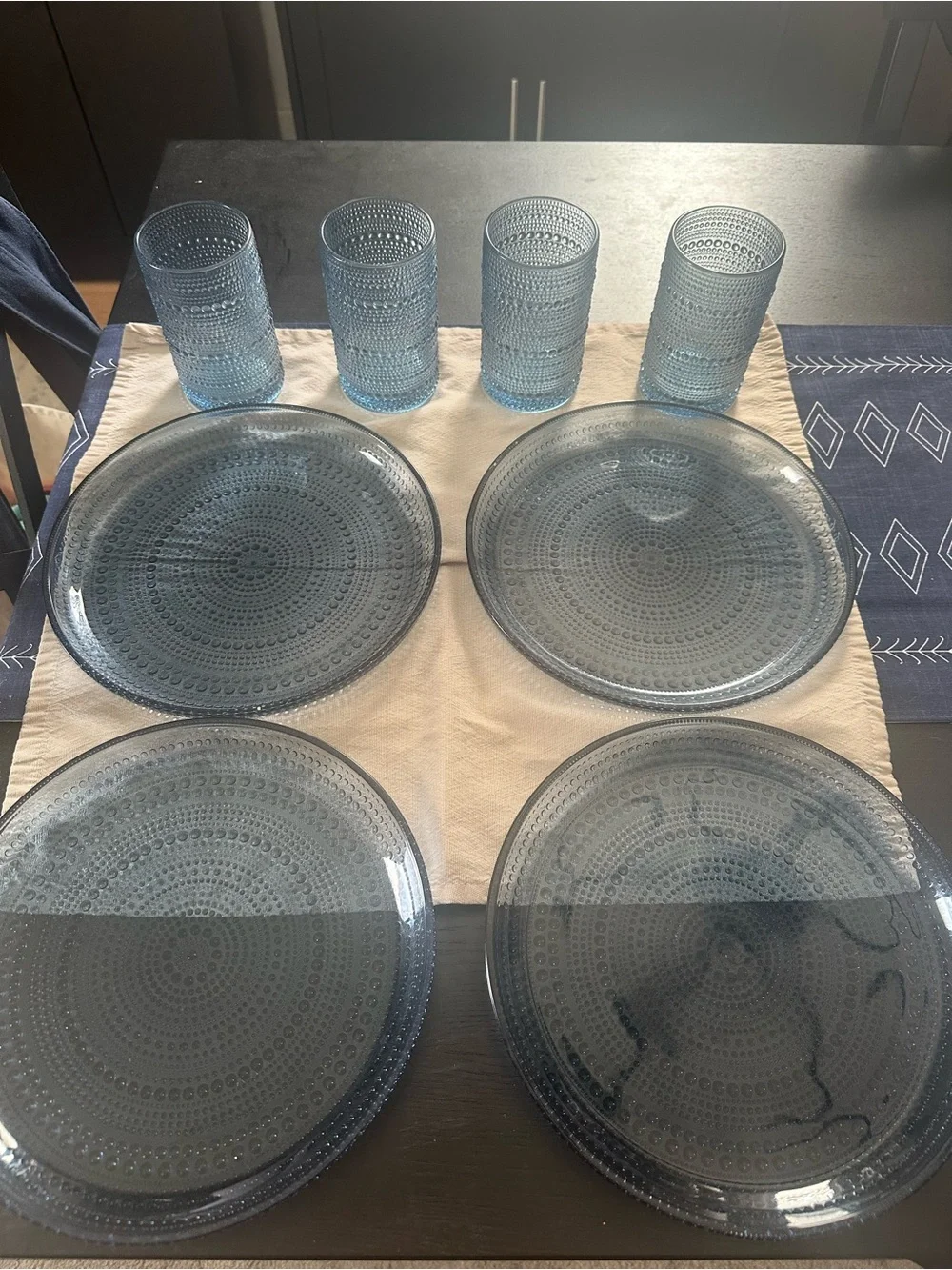 Blue Jupiter Glass Dinner Plate and Highball Glasses Set - 4 Plates + 4 Glasses